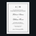Stilvolle Schwarzweiss-Hochzeits-Einladung Einladung<br><div class="desc">Diese schicke,  elegante Hochzeitseinladung kennzeichnet einen weißen Hintergrund mit einem schwarzen Rahmen und einem Text. Sie können die Spitze mit Ihren Initialen personifizieren.</div>