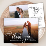 Stilvolle Script 2 Foto Wedding Dankeschön Card Dankeskarte<br><div class="desc">Modernes Chic Boho Kalligraphie Script Hochzeit 2 Foto Danke Karte. Stilvolle Hochzeit danke Ihnen Vorlage mit einem vollen vertikalen Foto auf der Vorderseite mit dem Text "Danke" in einer skurrilen Wirblen Hand Schrift Schriftzug Swash Schwanz Schriftart Weiß-Overlay auf dem Bild und eine Rückseite ein (1) Foto und vorgefertigte Dankeschön-Nachricht. 2-seitige...</div>