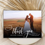 Stilvolle Script 2 Foto Wedding Dankeschön Card Dankeskarte<br><div class="desc">Elegante moderne Chic Boho Kalligraphie Script Hochzeit 2 Foto Vielen Dank. Stilvolle Hochzeit danke Ihnen Vorlage mit einem vollen vertikalen Foto auf der Vorderseite mit dem Text "Danke" in einer skurrilen Wirblen Hand Schrift Schriftzug Swash Schwanz Schriftart Weiß-Overlay auf dem Bild und eine Rückseite ein (1) Foto und vorgefertigte Dankeschön-Nachricht....</div>