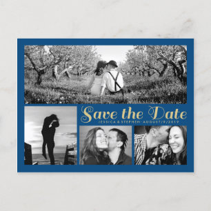 Stilvolle Script Blue Save the Date Collage Postca Ankündigungspostkarte