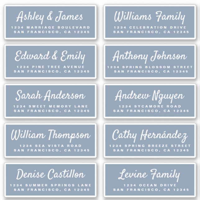 Stilvolle Script Blue Wedding Guest Address Labels (Vorderseite)