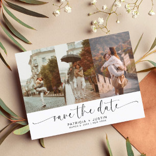 Stilvolle Script Foto Collage Wedding Save the Dat Ankündigungspostkarte