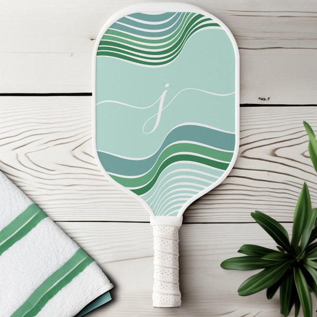 Stilvolle Script Monogram Abstrakt Retro Green Wav Pickleball Schläger (Stylish Script Monogram Abstract Retro Green Wavy Pickleball Paddle)