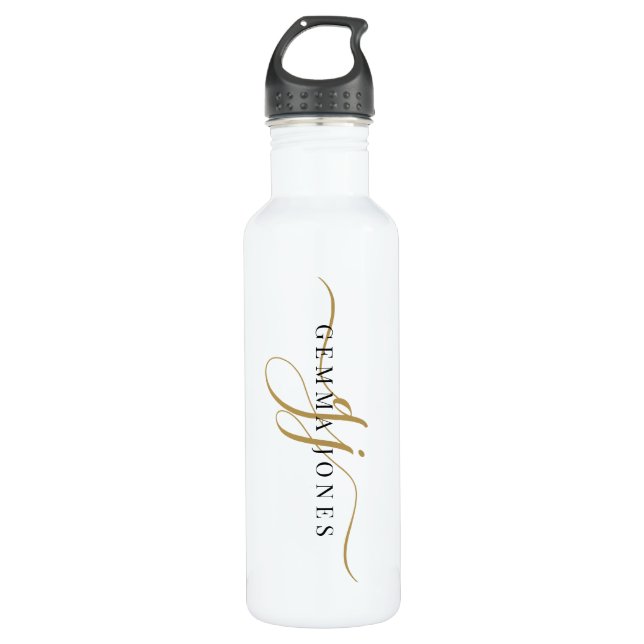 Stilvolle Script Monogram Initials Gold White Edelstahlflasche (Vorderseite)
