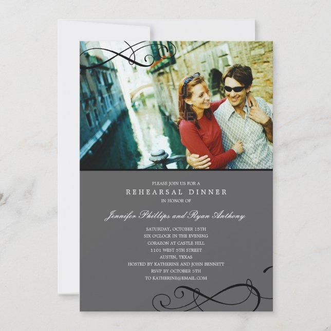 Stilvolle Scrolls Probe Abendessen oder Polteraben Einladung (Vorderseite)