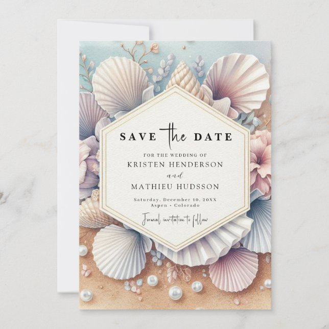 Stilvolle Seashell Beach Wedding Save The Date (Vorderseite)