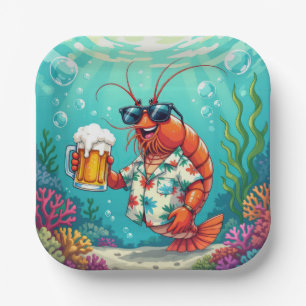 Stilvolle Shrimps mit einem Glas Bier Pappteller