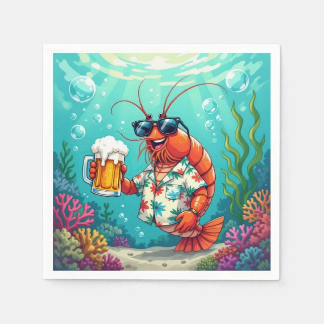 Stilvolle Shrimps mit einem Glas Bier Serviette (Vorderseite)