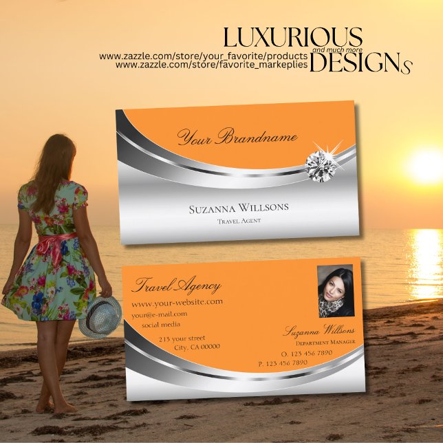 Stilvolle Silber Orange mit Foto Sparkle Diamond Visitenkarte (Von Creator hochgeladen)