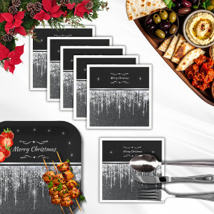 Stilvolle silberne und schwarze Frohe Weihnachtsfe Serviette