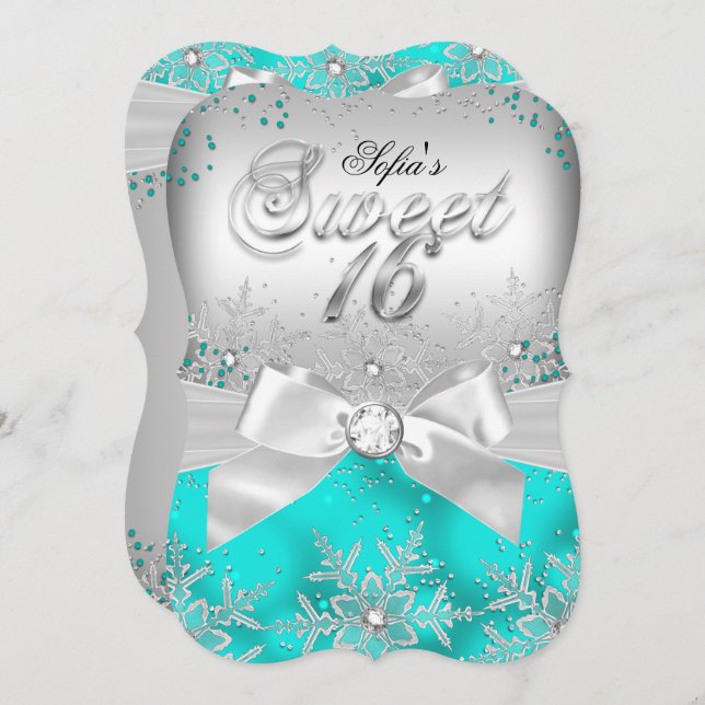 Stilvolle Silver Bow Aquamarin Jewel 16 . Geburtst Einladung (Vorne/Hinten)