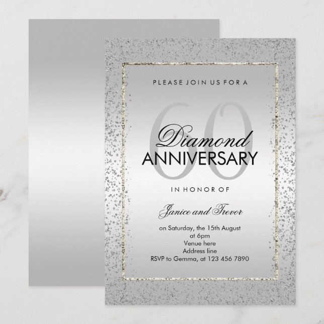 Stilvolle Silver Confetti 60. Diamant Wedding Einladung (Vorne/Hinten)