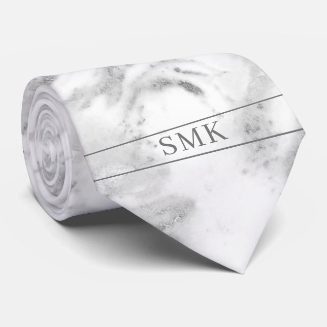 Stilvolle Silver Foil Classic Gray Marble Monogram Krawatte (Gerollt)