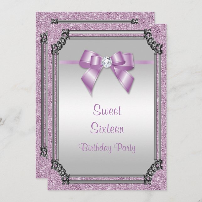 Stilvolle Silver Frame & Lilac Posh Gem Bow Sweet  Einladung (Vorne/Hinten)