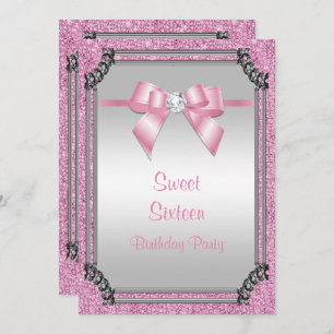 Stilvolle Silver Frame & Pink Posh Gem Bow Sweet 1 Einladung