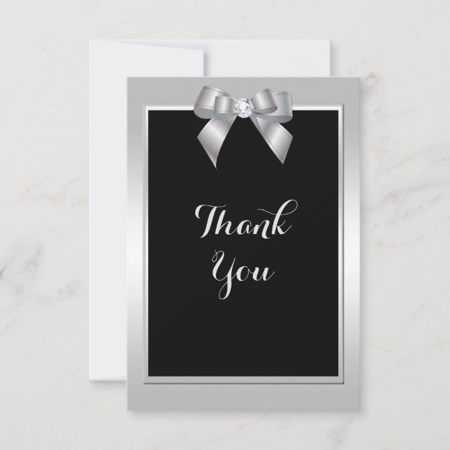 Stilvolle Silver Gem Bow & Black Wedding Dankeskarte (Vorderseite)