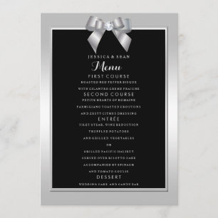 Stilvolle Silver Gem Bow & Black Wedding Menükarte