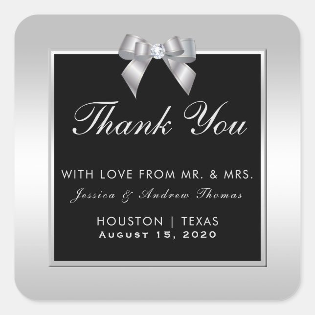 Stilvolle Silver Gem Bow & Black Wedding Quadratischer Aufkleber (Vorderseite)