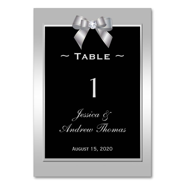 Stilvolle Silver Gem Bow & Black Wedding Tischnummer (Vorderseite)