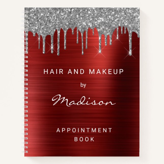 Stilvolle Silver Glitter Drip Red Termin Notizbuch (Vorderseite)