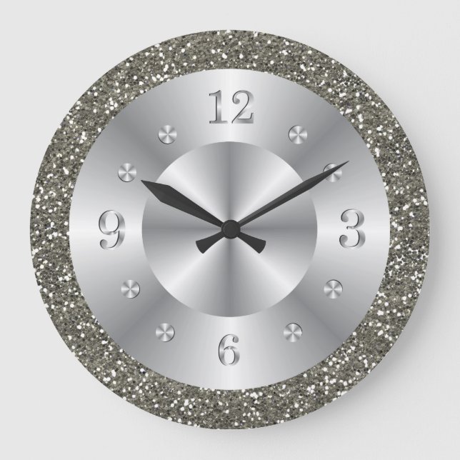 Stilvolle Silver Glitzer Metallic Gray Shiny Numbe Große Wanduhr (Vorderseite)