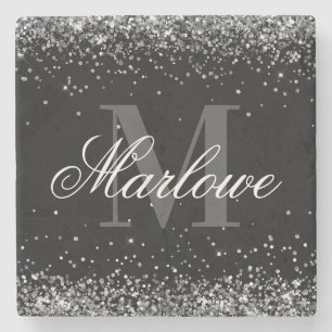 Stilvolle Silver Glitzer Schwarz-weiß Monogram Steinuntersetzer