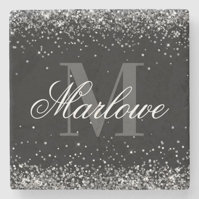 Stilvolle Silver Glitzer Schwarz-weiß Monogram Steinuntersetzer (Vorderseite)