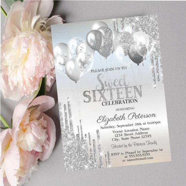 Stilvolle Silver Glitzer Tropfen Balloons Sweet 16 Einladung (Von Creator hochgeladen)
