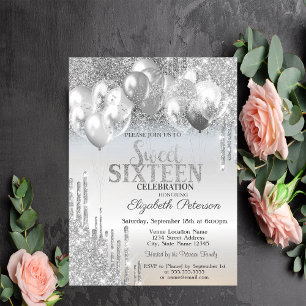 Stilvolle Silver Glitzer Tropfen Balloons Sweet 16 Einladung