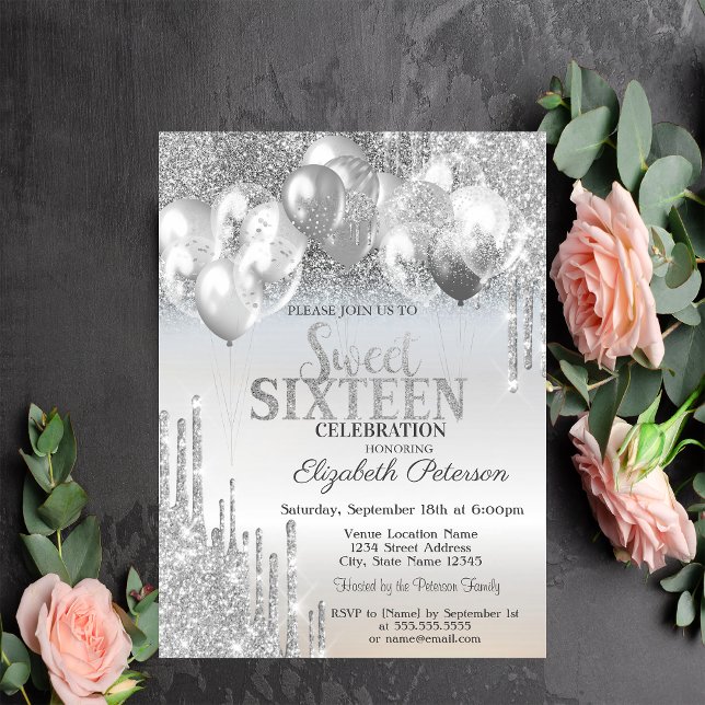 Stilvolle Silver Glitzer Tropfen Balloons Sweet 16 Einladung (Von Creator hochgeladen)