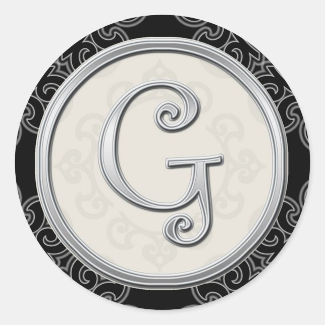 Stilvolle Silver Monogram Stickers::Initial G Sieg Runder Aufkleber (Vorderseite)
