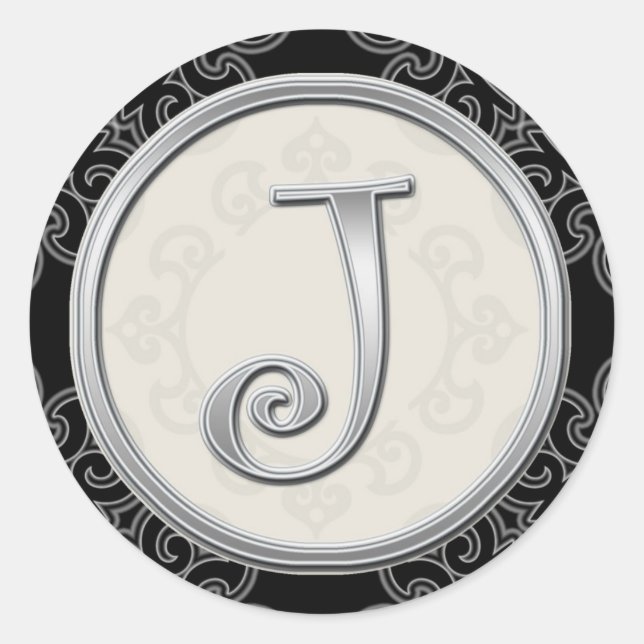 Stilvolle Silver Monogram Stickers::Initial J Sieg Runder Aufkleber (Vorderseite)
