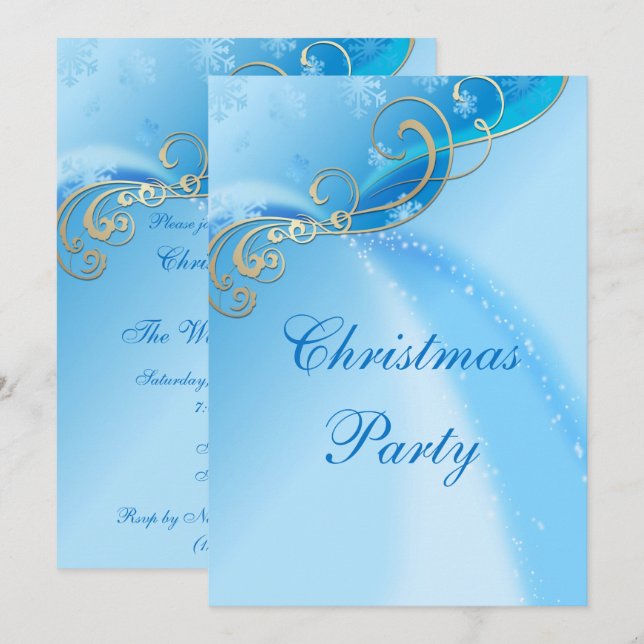 Stilvolle Silver Wirbel & Blue Snowflake Glitzern Einladung (Vorne/Hinten)