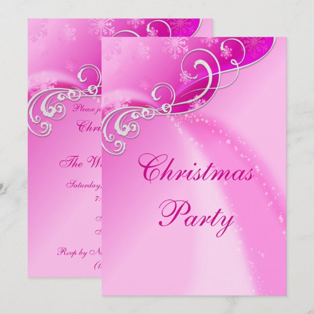 Stilvolle Silver Wirbel & Pink Snowflake Glitzern Einladung (Vorne/Hinten)