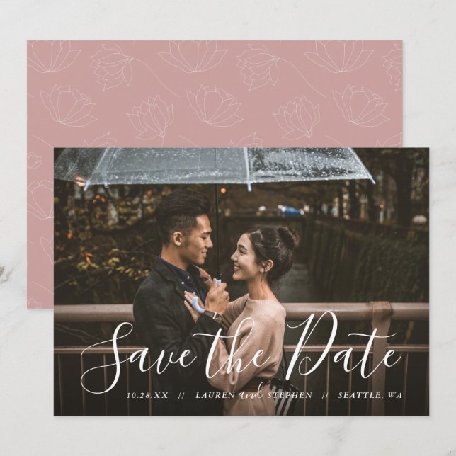 Stilvolle Skript-Foto-Overlay Save the Date Einlad Einladung (Vorne/Hinten)