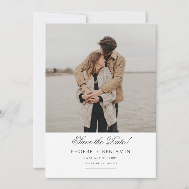 Stilvolle Skript-Hochzeitsfoto Save The Date (Vorderseite)