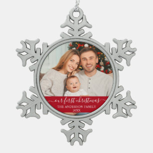Stilvolle Skripte Unsere erste Weihnachtsfamilie R Schneeflocken Zinn-Ornament