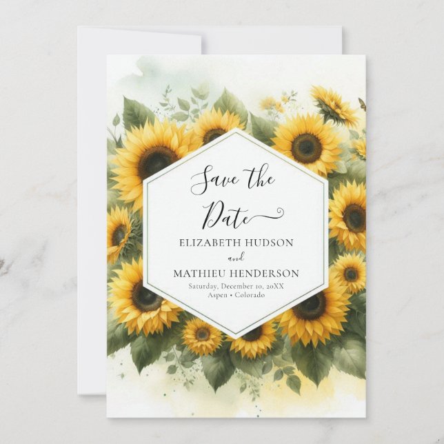 Stilvolle Sonnenblumenhochzeit Save The Date (Vorderseite)