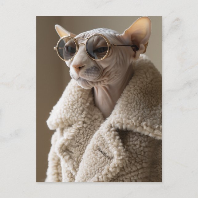 Stilvolle Sphynx-Katze in Sonnenbrille und Sherpa- Postkarte (Vorderseite)
