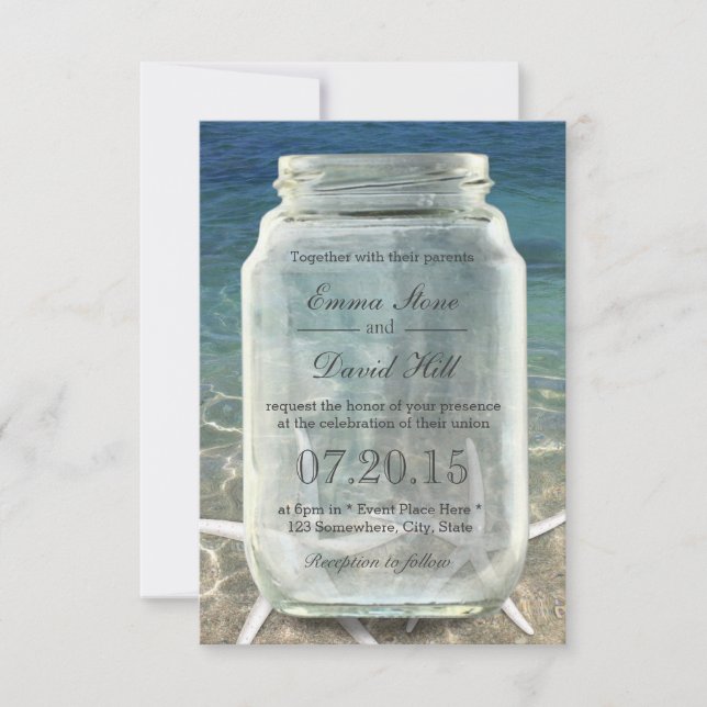 Stilvolle Starfish & Mason Jar Blue Beach Wedding Einladung (Vorderseite)