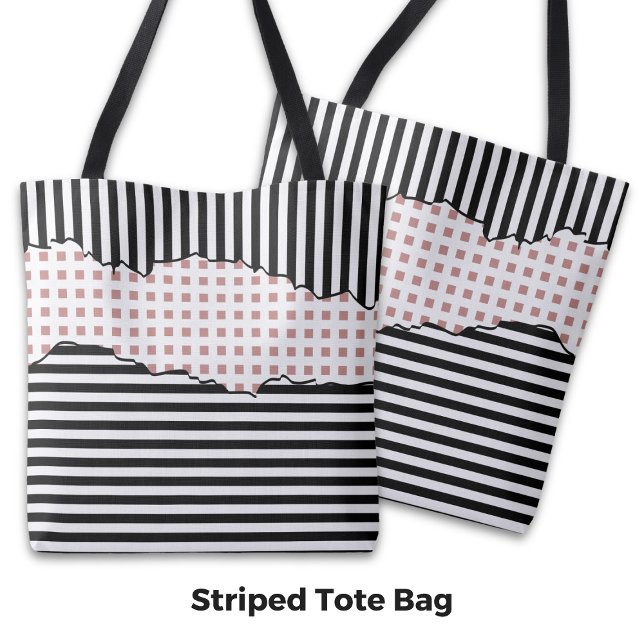 Stilvolle Streifen Netz in Schwarz, Weiß und Rosa (Stylish Stripes Net Layered Black, White & Pink Tote Bag)
