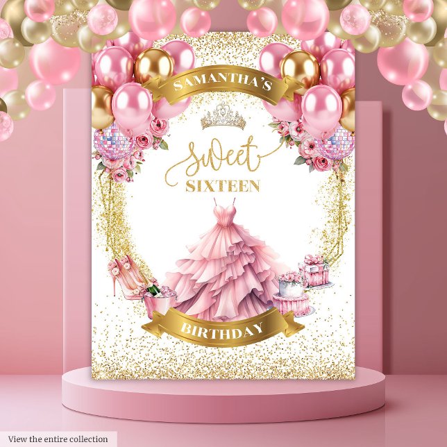 Stilvolle Sweet 16 Hintergrund Rosa Kleid Gold Tia Wandteppich (Stylish Sweet 16 Backdrop Pink Dress Gold Tiara)