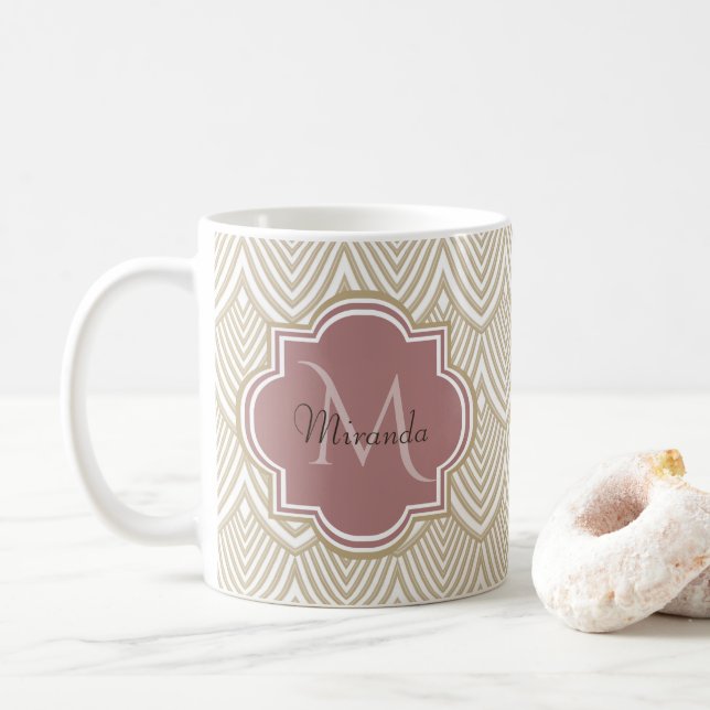 Stilvolle Tan Arched Scallops Mauve Monogram Name Kaffeetasse (Mit Donut)