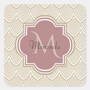 Stilvolle Tan Arched Scallops Mauve Monogram Name Quadratischer Aufkleber