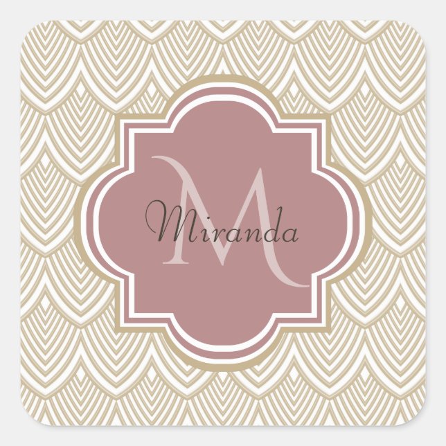 Stilvolle Tan Arched Scallops Mauve Monogram Name Quadratischer Aufkleber (Vorderseite)