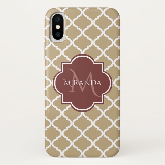 Stilvolle Tan Quatrefolie Burgundy Monogram und Na Case-Mate iPhone Hülle (Rückseite)