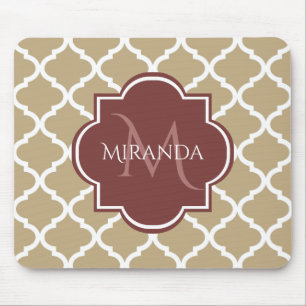 Stilvolle Tan Quatrefolie Burgundy Monogram und Na Mousepad