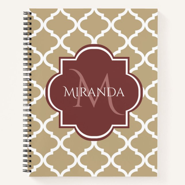 Stilvolle Tan Quatrefolie Burgundy Monogram und Na Notizbuch (Vorderseite)