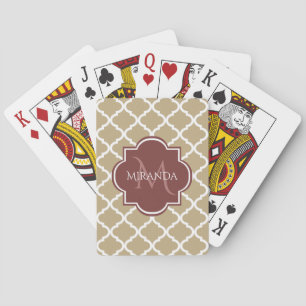 Stilvolle Tan Quatrefolie Burgundy Monogram und Na Spielkarten