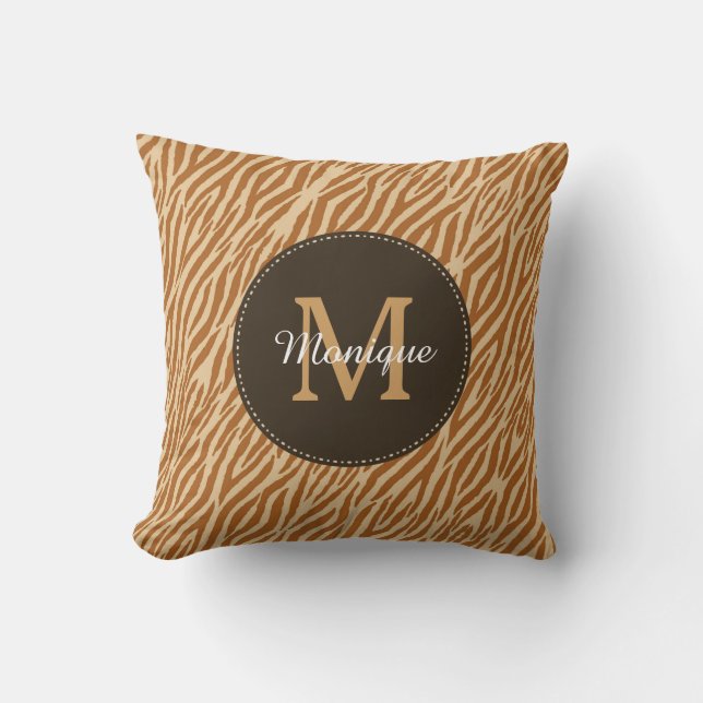 Stilvolle Tawny Brown Zebra Print Monogram und Nam Kissen (Vorderseite)